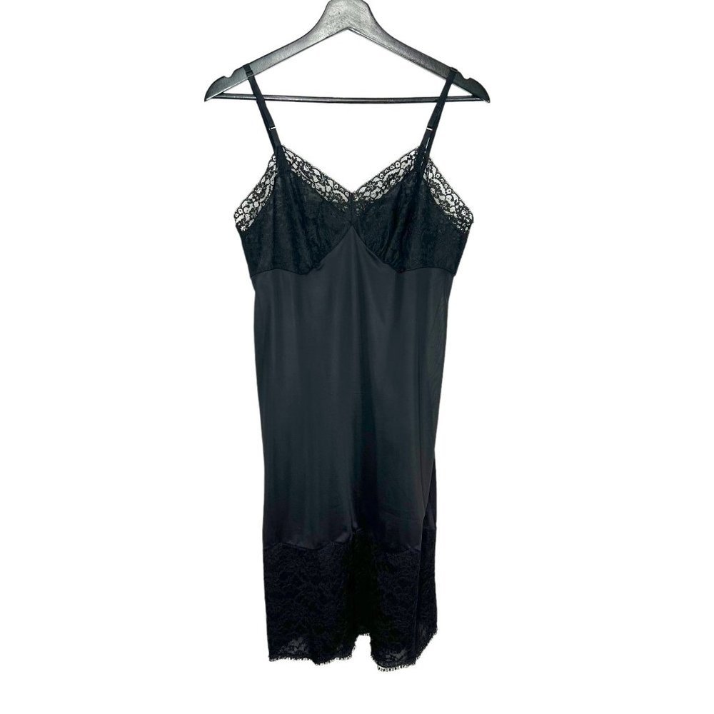 Vintage 60s Vanity Fair Black Lace Nylon Knee Length Slip Medium